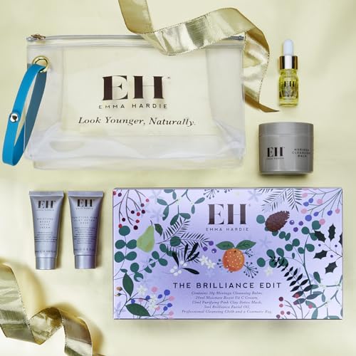 Emma Hardie Brilliance Holiday Gift Set with Moringa Cleansing Balm, Reusable Cleansing Cloths, Vitamin C Cream, Purifying Pink Clay Mask and Brilliance Facial Oil, With Cosmetic Bag, Travel Size