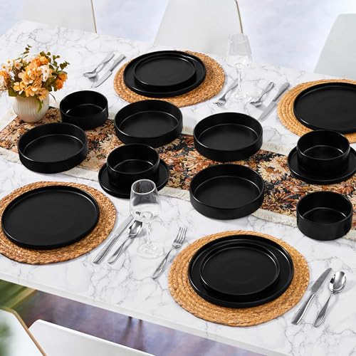 Herogo Matte Black 16-Piece Dinnerware Set for 4 - Includes 4 Dinner Plates, 4 Salad Plates, 4 Pasta Bowls & 4 Cereal Bowls
