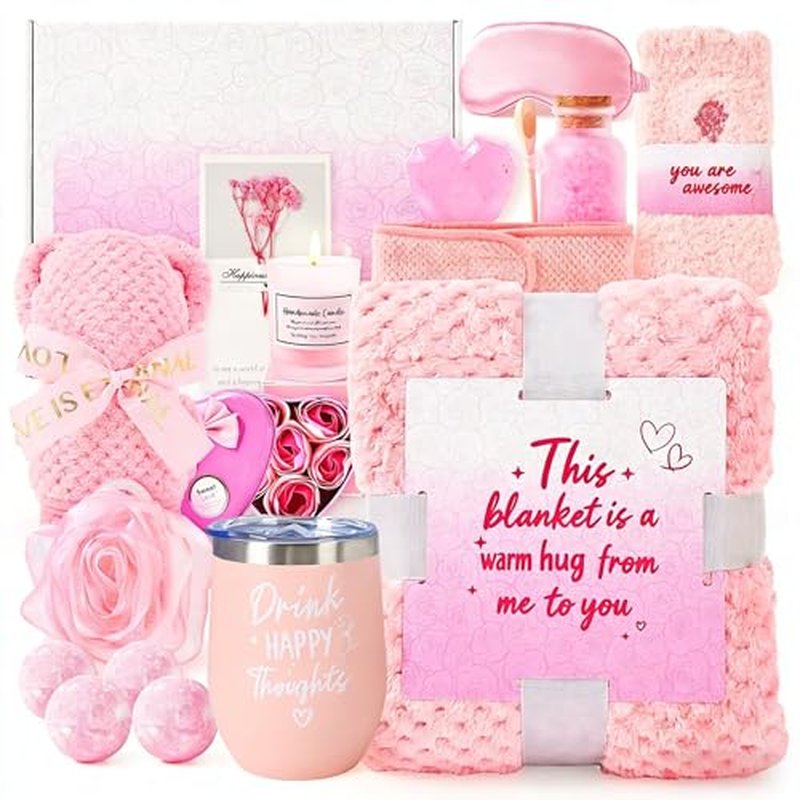 Belloxis Valentines Day Gifts for Her 15Pcs Spa Gifts for Women Self Friend Care Gift Baskets Get Well Soon Presents Pink Rose Care Relaxing Package Basket Set Valentine for Mom Sister Wife Grandma