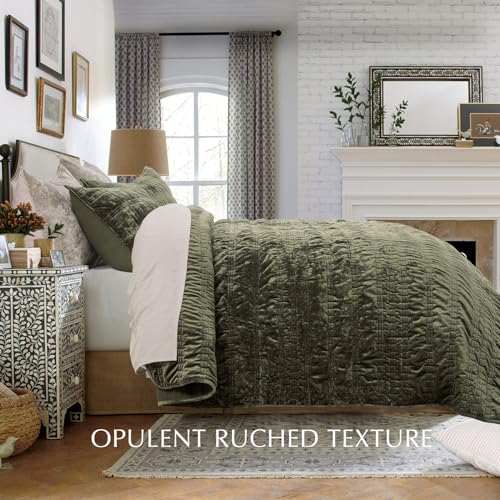 King Size Velvet Quilt Set with Ruched Texture - Olive Green, Lightweight & Luxurious
