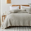 Beige Ruffled Quilt King Size Bedding Set - Rustic Farmhouse Microfiber, Reversible 3 Pieces