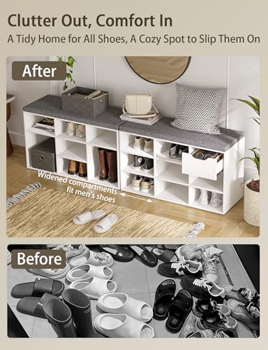 White Shoe Storage Bench with Cushion, 31.5-Inch Cubby Shoe Rack, 9 Cubbies - DINZI LVJ