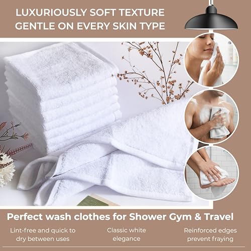 White Extra Thick Cotton Washcloths 12x12 Inches - Set of 12 for Body & Face - Soft, Absorbent Bath Rags