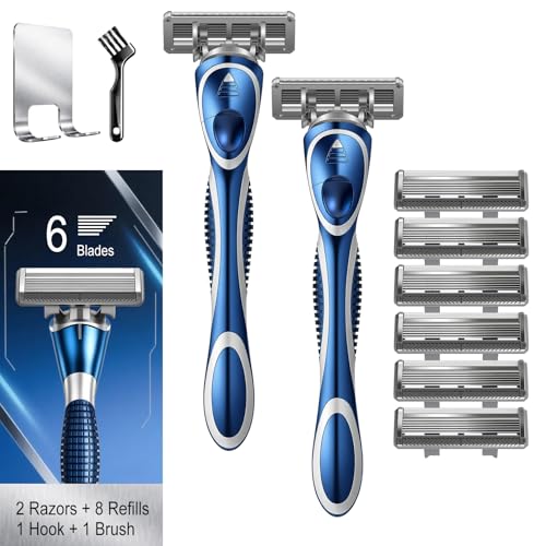 Men's 6-Blade Razor with Trimmer Handles & Refill Pack - Variation 2 Handles + 8 Refills + 1 Hook