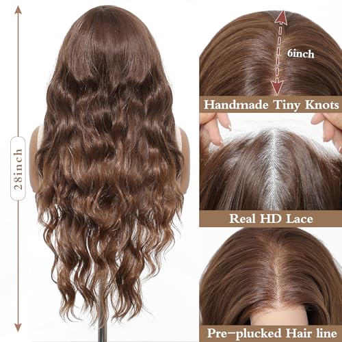 Long Wavy Lace Front Wig 28 Inch Caramel Brown Highlighted Synthetic Hair
