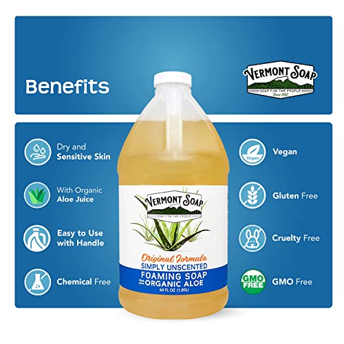 VERMONT SOAP Organic Unscented Foaming Hand Soap - Natural Moisturizing Soap for Dry Skin - Fragrance Free Liquid Bathroom Hand Soap - Simply Unscented - 64 oz