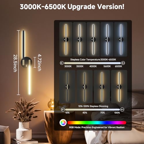 RGB Wall Sconce Set 28.5 Inch Black Wireless Dimmable 360° Rotatable LED Lights with Remote & Timer - Bedroom Living Room Decor