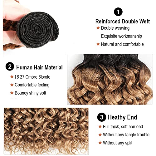Weeybay 1B/27/D Deep Wave Human Hair Bundles Ombre Blonde 14/16/18 Inch - Black & Honey Blonde, 150g/Pack