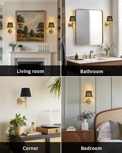Set of 2 Gold and Black Wall Sconces, Cordless Dimmable Fabric Lampshades