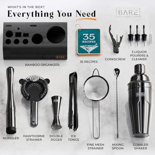 Bartender Kit Bar Set with 24oz Cobbler Shaker - Jet Black/Black, 14 Pieces with Recipe Cards