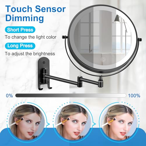 Rechargeable Double-Sided 9-Inch Wall-Mounted Makeup Mirror with Dimmable Lights