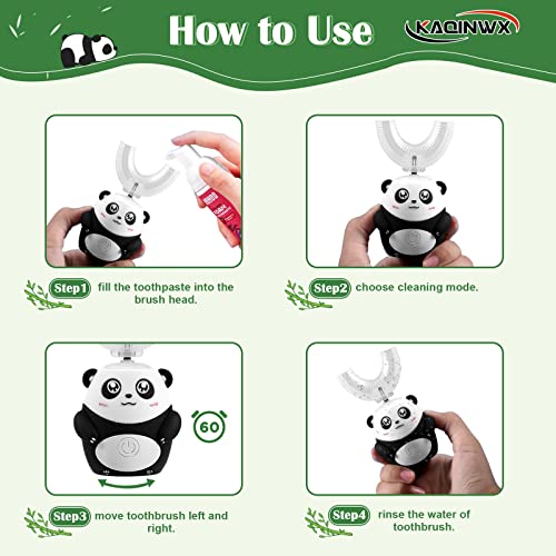 Kids U Shaped Electric Toothbrush for Ages 2-12 - Panda Design, Black, Rechargeable, Waterproof, 60S Timer