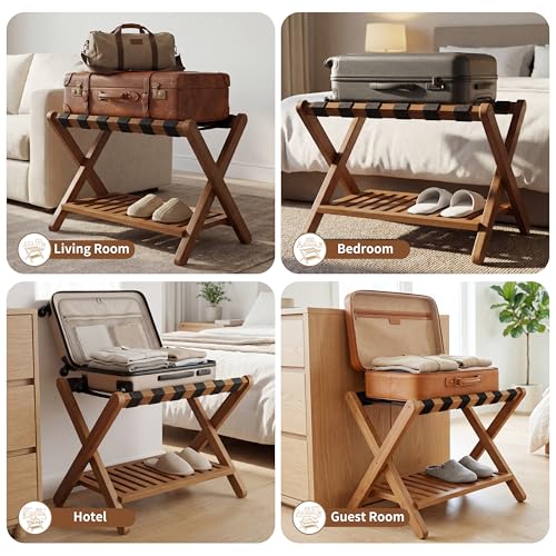 Walnut & Black Bamboo Luggage Rack for Guest Room Pack of 2 - Foldable & Stable Suitcase Stand