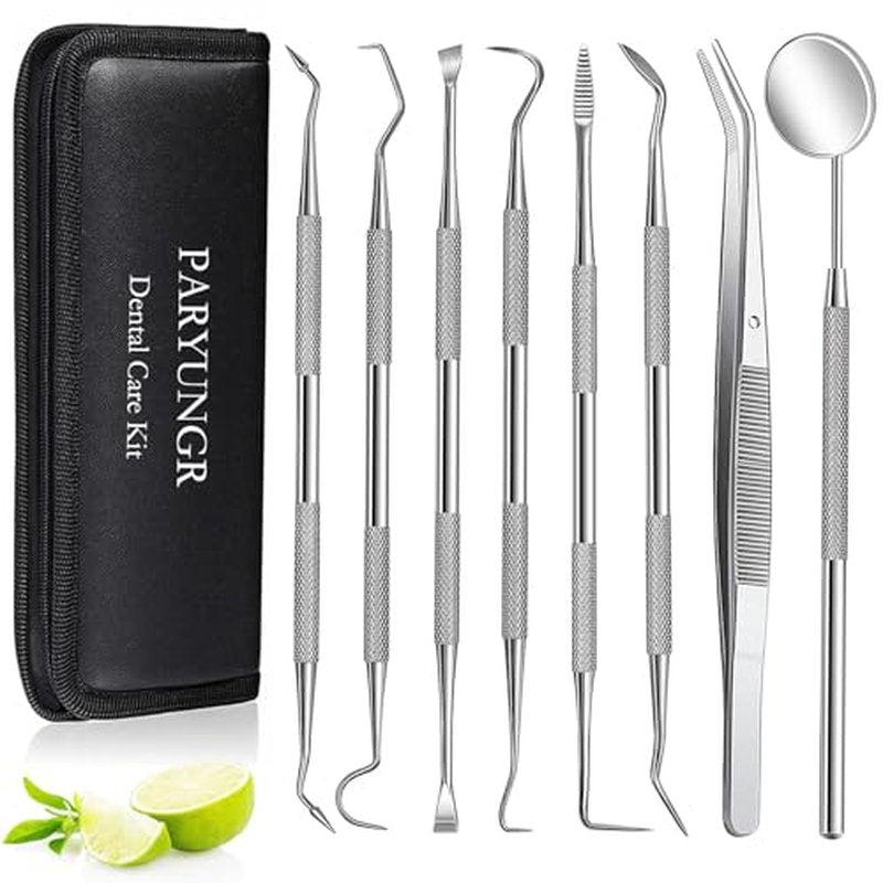 8 Pack Dental Tools PARYUNGR Teeth Cleaning Tool Kit, Stainless Steel Scraper Plaque Tartar Remover Tooth Cleaner Dental Floss Picks, Professional Oral Care Hygiene Set for Personal Pet Use with Case