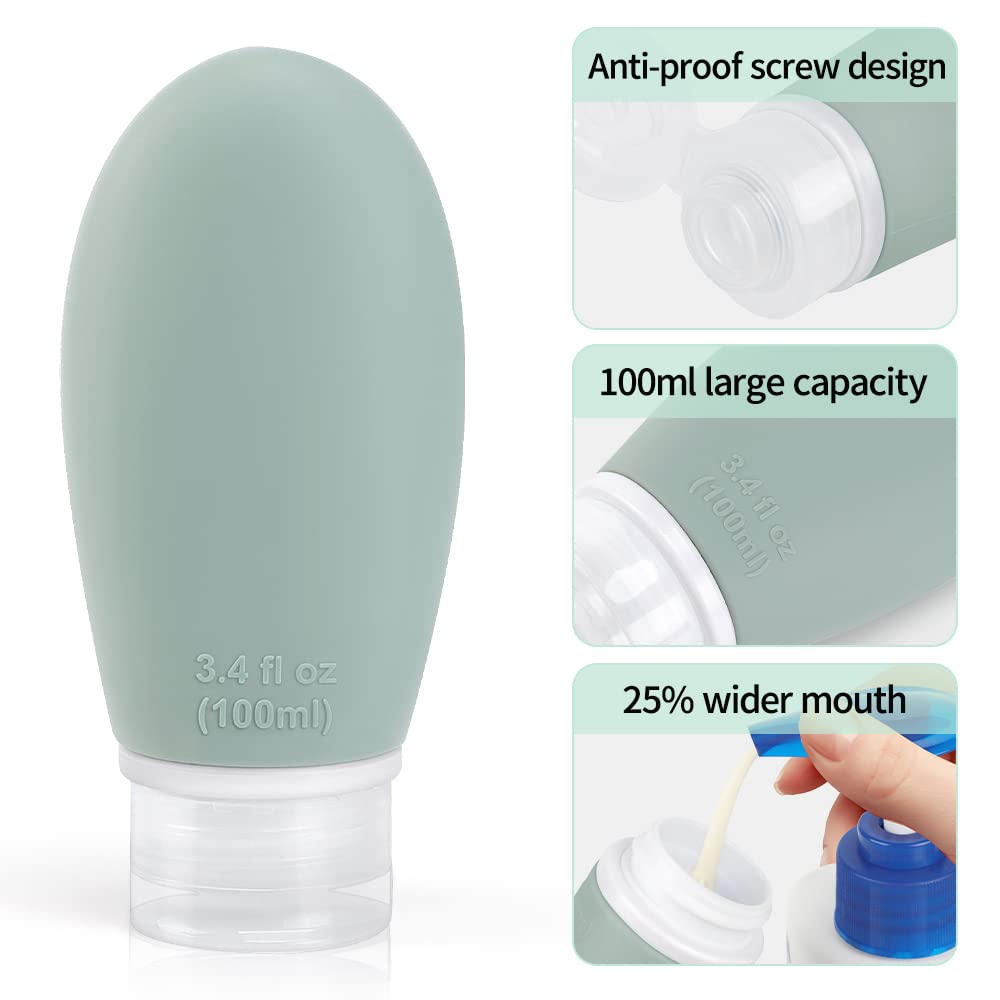 3.4 oz Silicone Travel Bottles for Toiletries, 4 Pack TSA Approved BPA Free Containers Set Leak Proof Refillable Squeezable Travel Accessories for Shampoo Conditioner Lotion Gray white blue green