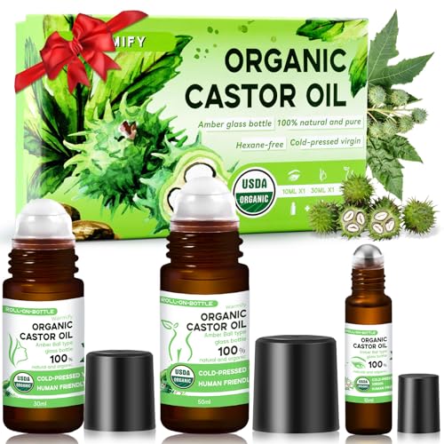 3-in-1 Castor Oil Roll on for Eye,Face,Body Skin,Certified Organic Cold Pressed Castor Oil Roller ball unrefined Glass Bottle,Precise & Mess-Free Application & Travel Friendly