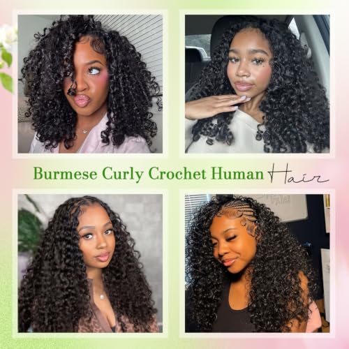 Human Crochet Hair for Black Women - Burmese Curly 16 Inch 60g Pre-Separated Feather Extensions - Natural Black