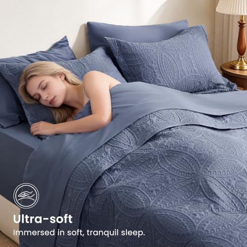 King Quilt Set with Sheets and Shams - Bluish Grey Coin Pattern, 7 Pieces, Love's Cabin