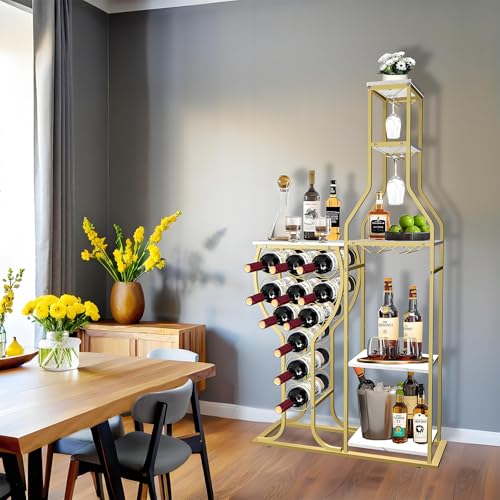 White 5-Tier Freestanding Wooden Wine Rack - Holds 11 Bottles, Glasses Storage