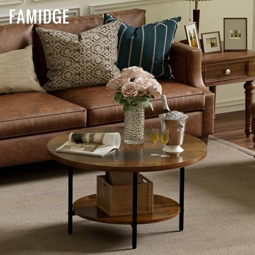 Round Coffee Table 27.6 Inches - Rustic Brown, 2-Tier Storage, Adjustable Feet