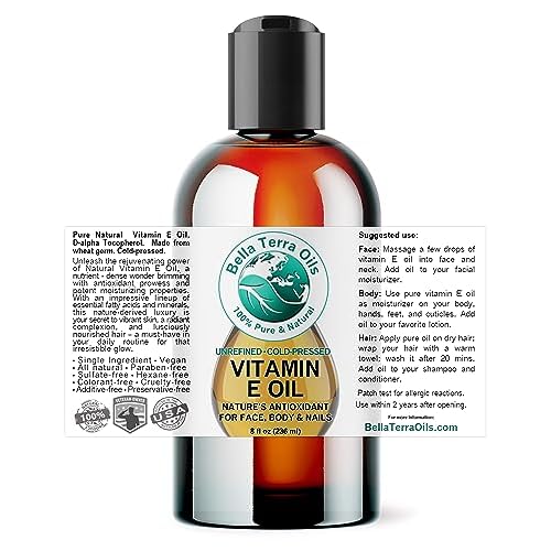 Bella Terra Oils - Organic Vitamin E Oil 8 oz - Luxurious Organic Wheat Germ Derived Oil, Abundant in Organic Vitamin E Antioxidants, Skin's Best Friend for a Radiant Glow