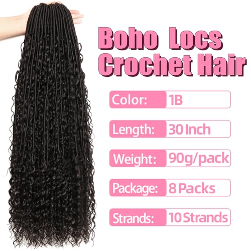 Boho Faux Locs Crochet Hair 30 Inch - 8 Pack Goddess Locs for Black Women, Variation of 1B