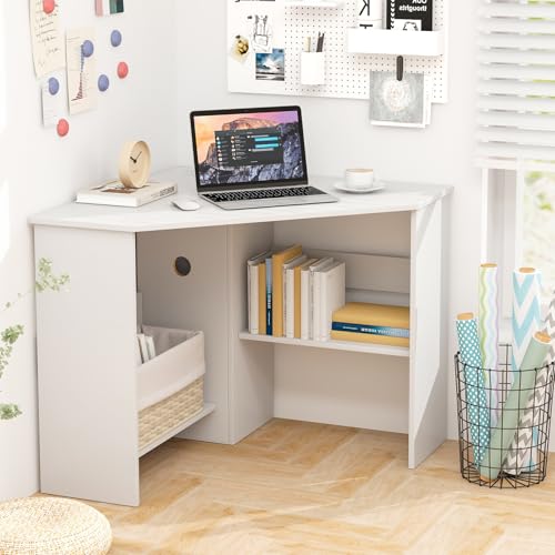 White Compact Corner Desk 33.5 x 33.5 Inches Space-Saving Study Table
