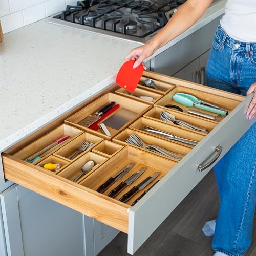 7-Piece Bamboo Drawer Organizer Set - Multi-Size Storage Trays for Kitchen, Bathroom, Office & Vanity