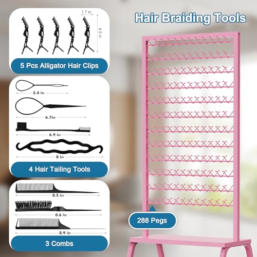 Portable Braiding Hair Rack with Wheels & Storage Drawers,2-Sided 288 Pegs,Hair Extension Holder Hanger for Braiding Hair Separator Stand Display,Hair Rack with Stylist Hair braiding Tools£¨Pink£©