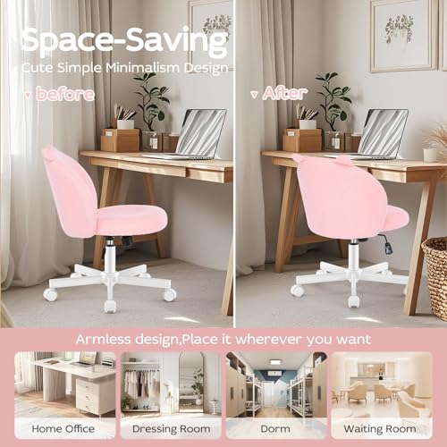 Pink Cat Vanity Chair with Plush Teddy Fleece, Armless Small Office Desk Seat - Pink-cat