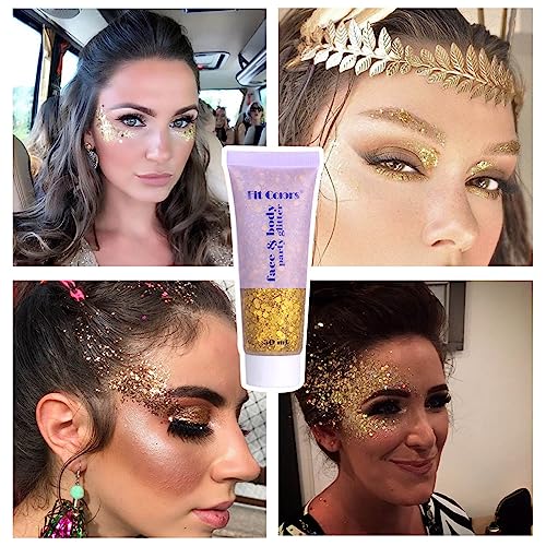 Gold Body Glitter Gel & 2 Sheets Face Gems Rhinestones Set, Face Glitter Makeup & Hair Jewels Stick on, Holographic Hair Glitter Eye Gems,Chunky Glitter Face Jewels for Makeup Festival