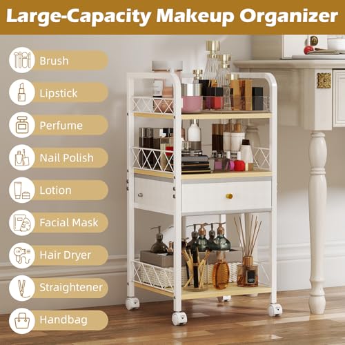 Makeup Organizer Rolling Cart with Drawer, Makeup Organizer on Wheels, Rolling Makeup Bathroom Storage Cart, Cosmetics Display for Nail Polish Makeup Brush