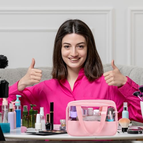 8 Pcs Clear Cosmetic Bags with Zipper, Clear Toiletry Bag, Transparent Makeup Bag for Women Men, Waterproof Travel Organizer with Handle, 10.2 x 6.3 x 2.8 Inches (Pink)
