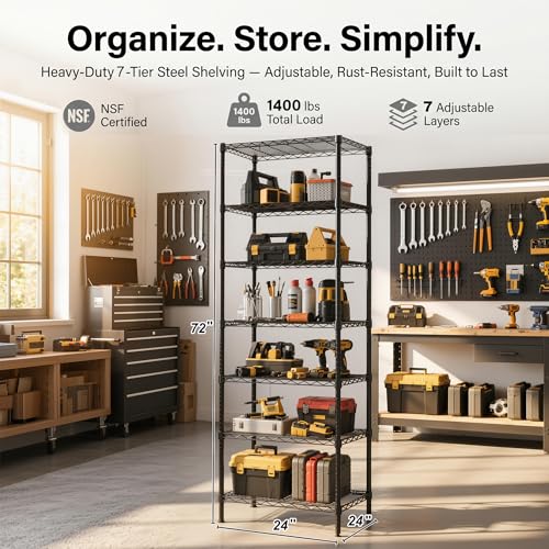 Heavy Duty 7-Tier Wire Shelving Rack - 24x24x72 Inches, Adjustable Steel Storage Unit