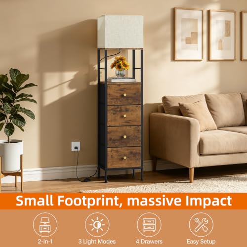 Tall Nightstand with Light & 4 Fabric Drawers - Rustic Brown, 60.4"