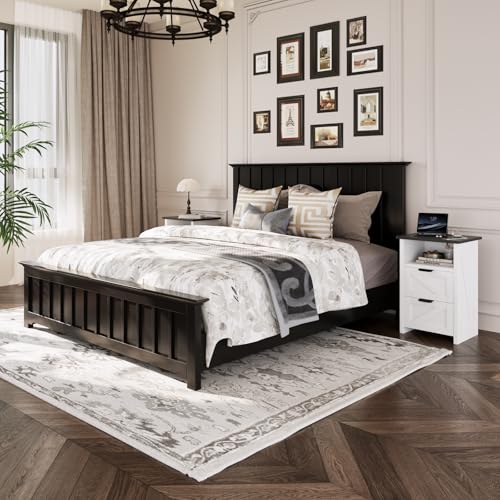 White Farmhouse Nightstand Set of 2 with Charging Station & Storage