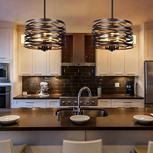 12.6-Inch Farmhouse Chandelier with Retro Wood Texture and 3 Lights - Black Pendant Light for Dining Room Kitchen Foyer