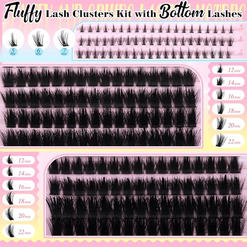 Fluffy Lash Clusters with Bottom Lashes Spikes Eyelashes Manga Eyelash Clusters 12-22MM Volume Lash Extension with Individual Lashes DIY at Home for Beginner