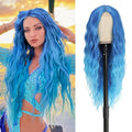 BUPPLER Blue Long Wavy Cosplay Wig 28 Inch Middle Part Synthetic Hair for Women