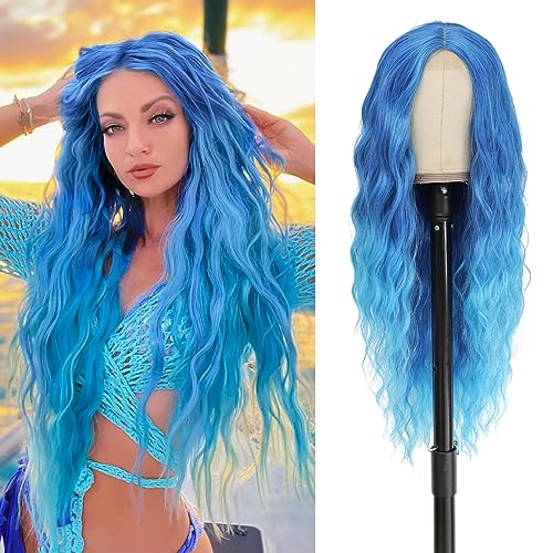 BUPPLER Blue Long Wavy Cosplay Wig 28 Inch Middle Part Synthetic Hair for Women