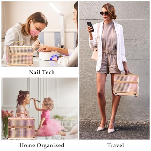 GALHUBIS Colorful Pink Makeup Train Case Organizer with Mirror & Pouch
