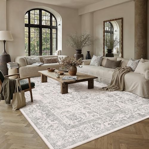 PureCozy 6x9 Vintage Floral Area Rug - Grey Low Pile Accent Carpet
