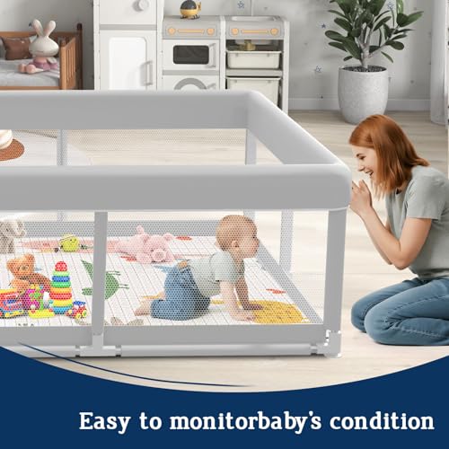 Baby Playpen with Mat 74x50 Inch - Grey, Safety Gate and Activity Fence for Toddlers