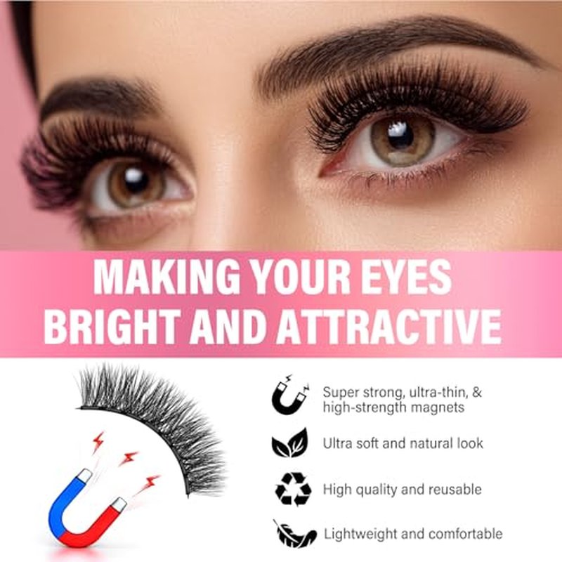 Magnetic Eyelashes, 3D Natural Look Magnetic Lashes Kit with Applicator - Reusable, Lightweight, Waterproof, Feathery Soft, No Glue, Easy to Apply for Instant Volume, 4 Pairs