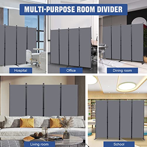 Grey 4-Panel Room Divider 88 Inch Wide Folding Privacy Screen