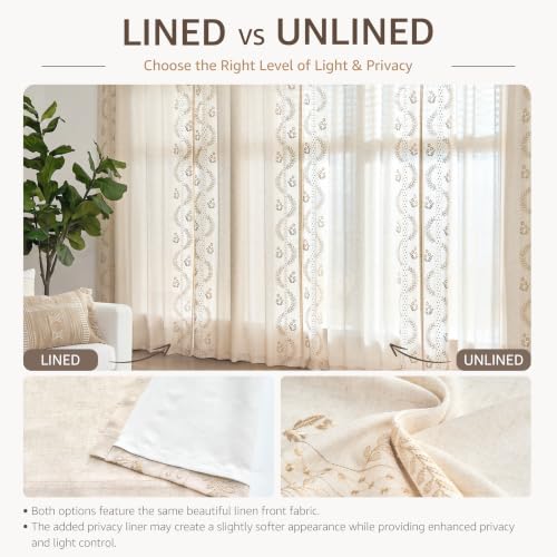 Farmhouse Linen Curtains with Floral Embroidery - 2 Panels, 63 Inch Length