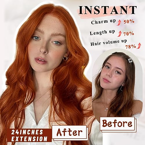 24-Inch Red Clip-In Hair Extensions Long Wavy Synthetic Hair for Women - Copper Red Variation