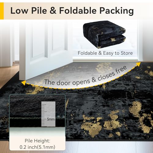 RELEANY 6' x 9' Abstract Area Rug — Black/Gold, Machine-Washable, Non-Slip Backing