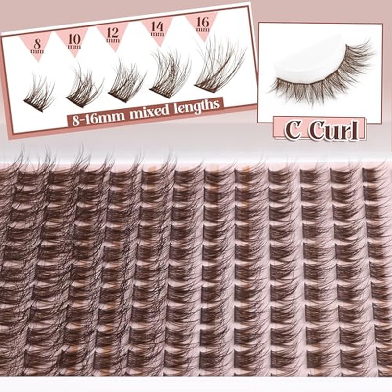 Brown Lash Clusters Kit Natural Dark Brown Eyelash Extensions Kit Wispy Individual Lashes C-Curly Cluster Lashes Extensions with Bond and Seal Lash Glue and Eyelashes Tweezers Lash Kit