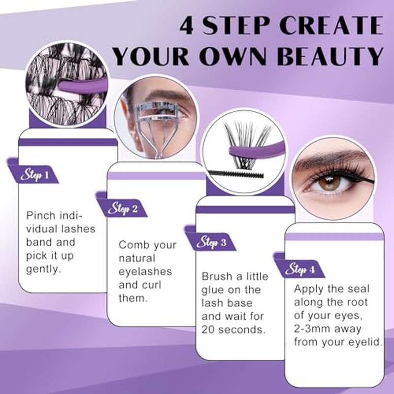 DIY Lash Extension Kit 280pcs Individual Lashes Cluster D Curl Eyelash Extension Kit Lash Clusters with Lash Bond and Seal and Lash Applicator Tool for Self Application (KIT,40D+50D-0.07C-9-16MIX)